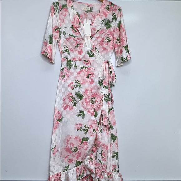 NWTs MELLODAY Floral Pink Wrap Ruffle Dot Dress - Picture 2 of 13